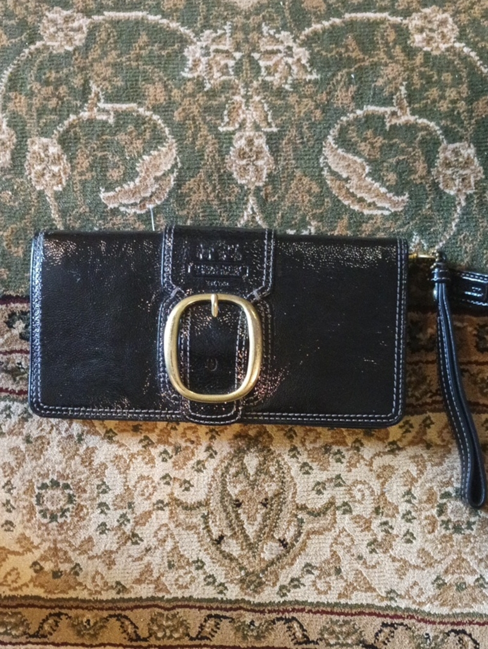 Black Patent Leather Wristlet Clutch with Gold Buckle
